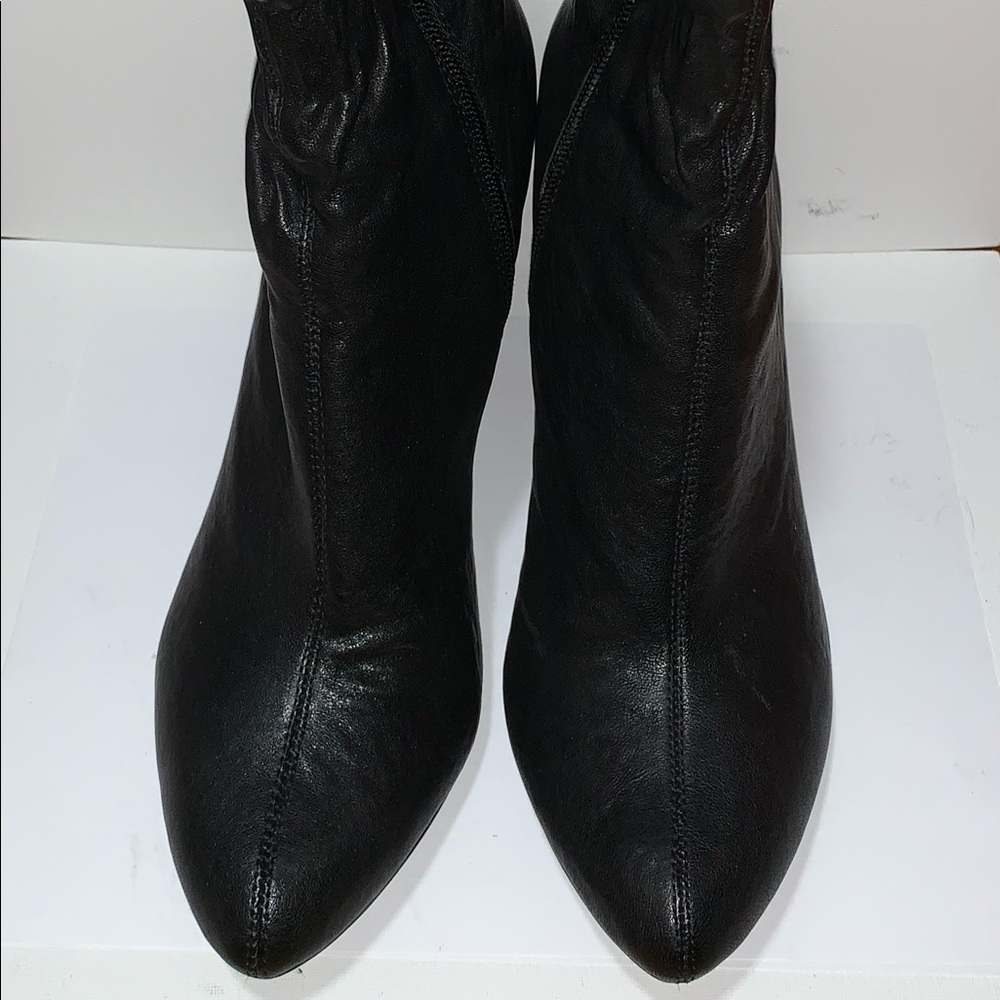 Madeline ruched high heel leather bootie in malic black, size 10